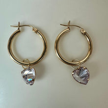 Load image into Gallery viewer, 14K Gold 1" Hoop Earrings w/ Removable Lavender CZ Heart Charms (2.6g)
