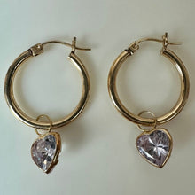 Load image into Gallery viewer, 14K Gold 1" Hoop Earrings w/ Removable Lavender CZ Heart Charms (2.6g)
