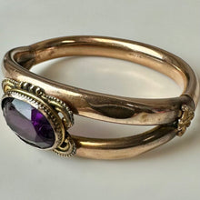 Load image into Gallery viewer, Antique JOE Co.Gold Filled Amethyst Glass Stone Hinged Bangle Bracelet (7" Circumference)
