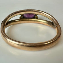 Load image into Gallery viewer, Antique JOE Co.Gold Filled Amethyst Glass Stone Hinged Bangle Bracelet (7" Circumference)
