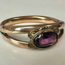 Load image into Gallery viewer, Antique JOE Co.Gold Filled Amethyst Glass Stone Hinged Bangle Bracelet (7" Circumference)

