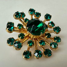 Load image into Gallery viewer, Vintage Emerald Green Rhinestone Goldtone Starburst Brooch Pin (1.25")
