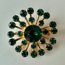 Load image into Gallery viewer, Vintage Emerald Green Rhinestone Goldtone Starburst Brooch Pin (1.25")
