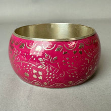 Load image into Gallery viewer, Hot Pink Enamel Silvertone Boho Pattern Wide Bangle Bracelet (8" Circumference)
