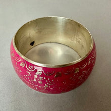 Load image into Gallery viewer, Hot Pink Enamel Silvertone Boho Pattern Wide Bangle Bracelet (8" Circumference)
