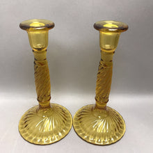 Load image into Gallery viewer, Vintage Amber Glass Pair of Candlesticks (9")
