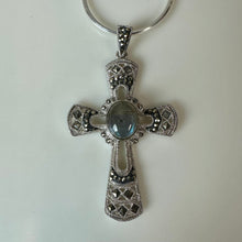 Load image into Gallery viewer, Sterling Marcasite Labradorite Cross Pendant on 17" Snake Chain Necklace (2.25")
