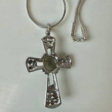 Load image into Gallery viewer, Sterling Marcasite Labradorite Cross Pendant on 17" Snake Chain Necklace (2.25")
