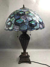 Load image into Gallery viewer, Ornate Bronze Tone Tiffany Style Table Lamp Blue Green Stained Glass Shade (32")
