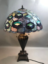 Load image into Gallery viewer, Ornate Bronze Tone Tiffany Style Table Lamp Blue Green Stained Glass Shade (32")
