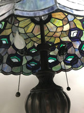 Load image into Gallery viewer, Ornate Bronze Tone Tiffany Style Table Lamp Blue Green Stained Glass Shade (32")
