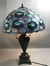 Load image into Gallery viewer, Ornate Bronze Tone Tiffany Style Table Lamp Blue Green Stained Glass Shade (32")
