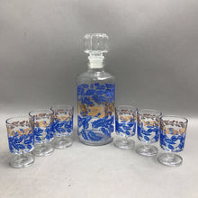 Load image into Gallery viewer, MCM Luminarc Decanter &amp; 6 Footed Shot Glasses France Cobalt Blue Gold Leaf (8")
