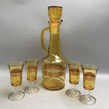 Load image into Gallery viewer, Vintage 5 Piece Italian Amber Glass Decanter w/Gold Overlay Pedestal Glasses (12")
