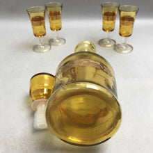Load image into Gallery viewer, Vintage 5 Piece Italian Amber Glass Decanter w/Gold Overlay Pedestal Glasses (12")
