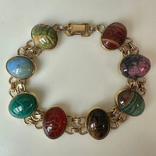 Load image into Gallery viewer, Vintage WRE Gold Filled Large Multi-Gemstone Scarab Bracelet (8")
