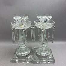 Load image into Gallery viewer, Vintage Pair of Glass Candelabra Candlesticks with Prisms 10")(As Is)
