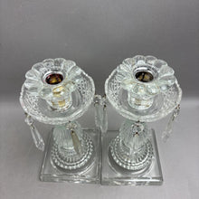 Load image into Gallery viewer, Vintage Pair of Glass Candelabra Candlesticks with Prisms 10")(As Is)
