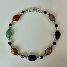 Load image into Gallery viewer, Sterling Faceted Black Tourmaline Multi-Gemstone Scarab Link Bracelet (7.75")
