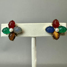 Load image into Gallery viewer, Vintage WRE Gold Filled Multi-Gemstone Scarab Pearl Screw Back Earrings (0.5")
