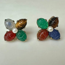 Load image into Gallery viewer, Vintage WRE Gold Filled Multi-Gemstone Scarab Pearl Screw Back Earrings (0.5")
