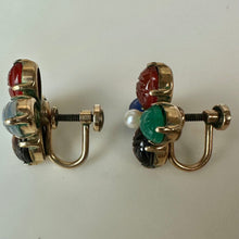 Load image into Gallery viewer, Vintage WRE Gold Filled Multi-Gemstone Scarab Pearl Screw Back Earrings (0.5")
