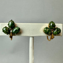 Load image into Gallery viewer, Vintage WRE Gold Filled Green Jade Clover Screw Back Earrings (0.75")
