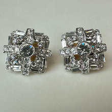 Load image into Gallery viewer, Vintage Nolan Miller Baguette Rhinestone Halo Clip Earrings (0.75")
