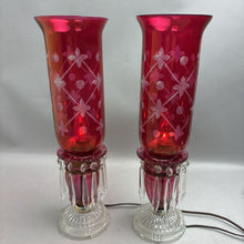 Load image into Gallery viewer, Vintage Pair Bohemian Cranberry Cut Crystal Table Lamps (16")(As Is)
