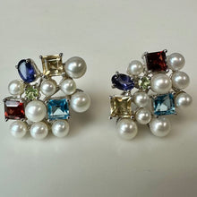 Load image into Gallery viewer, Ross Simons Sterling Multi-Gemstone Pearl Cluster Omega Back Earrings (1")
