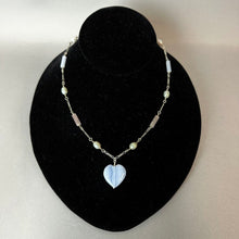 Load image into Gallery viewer, Sterling Blue Lace Agate Heart Pendant on Pearl &amp; Rose Quartz Beaded 19" Figaro Chain
