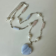 Load image into Gallery viewer, Sterling Blue Lace Agate Heart Pendant on Pearl &amp; Rose Quartz Beaded 19" Figaro Chain

