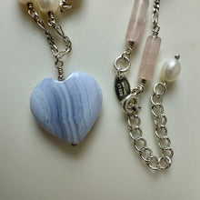 Load image into Gallery viewer, Sterling Blue Lace Agate Heart Pendant on Pearl &amp; Rose Quartz Beaded 19" Figaro Chain
