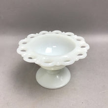 Load image into Gallery viewer, Vintage Anchor Hocking Old Colony Milk Glass Open Lace Footed Compote (3")
