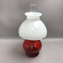 Load image into Gallery viewer, Vintage Eagle Ruby Red Glass Oil Lamp With Milk Glass Hobnail Shade (15")
