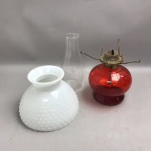 Load image into Gallery viewer, Vintage Eagle Ruby Red Glass Oil Lamp With Milk Glass Hobnail Shade (15")
