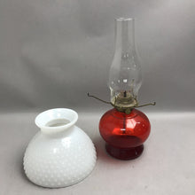 Load image into Gallery viewer, Vintage Eagle Ruby Red Glass Oil Lamp With Milk Glass Hobnail Shade (15")
