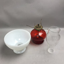 Load image into Gallery viewer, Vintage Eagle Ruby Red Glass Oil Lamp With Milk Glass Hobnail Shade (15")
