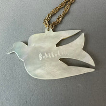 Load image into Gallery viewer, Vintage Bethlehem Carved Mother of Pearl Peace Dove Pendant on Gold Plated Chain (18")
