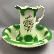 Load image into Gallery viewer, Antique Ironstone Green &amp; White Pitcher &amp; Basin (11")
