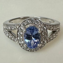 Load image into Gallery viewer, Sterling Tanzanite White Topaz Halo Ring sz 7.75
