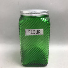 Load image into Gallery viewer, Vintage Owens-Illinois Green Glass Hoosier-Style 7" Flour Canister 1930s w/Lid
