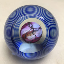 Load image into Gallery viewer, Blue Striped Paperweight with Pink Swirl Center Glass Art (4")
