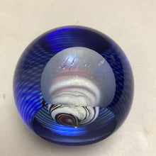 Load image into Gallery viewer, Blue Striped Paperweight with Pink Swirl Center Glass Art (4")
