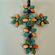 Load image into Gallery viewer, Sterling Multi-Gemstone Flower Cross Pendant on 19" Brown Cord Necklace (2.25")
