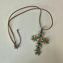 Load image into Gallery viewer, Sterling Multi-Gemstone Flower Cross Pendant on 19" Brown Cord Necklace (2.25")
