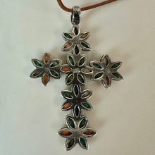 Load image into Gallery viewer, Sterling Multi-Gemstone Flower Cross Pendant on 19" Brown Cord Necklace (2.25")
