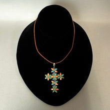 Load image into Gallery viewer, Sterling Multi-Gemstone Flower Cross Pendant on 19" Brown Cord Necklace (2.25")
