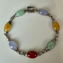 Load image into Gallery viewer, Sterling Green Lavender Yellow Orange Jade Link Bracelet (7")

