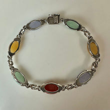 Load image into Gallery viewer, Sterling Green Lavender Yellow Orange Jade Link Bracelet (7")
